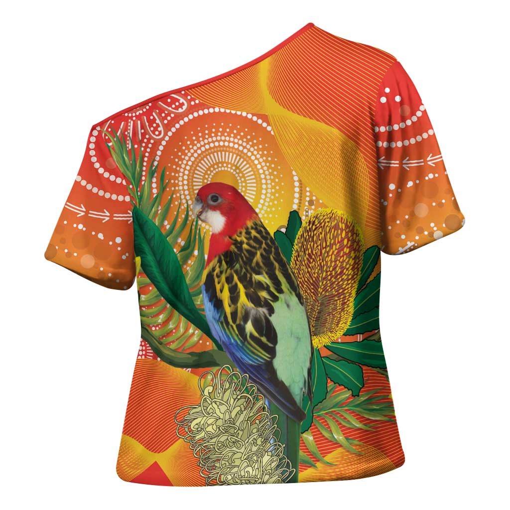 Eastern Rosella Australia Cross Shoulder Shirt Banksia Aboriginal Art - Aussie Hoodie