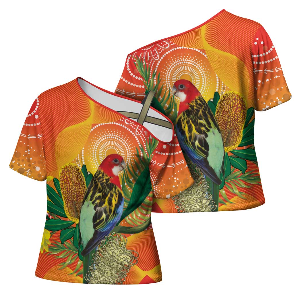 Eastern Rosella Australia Cross Shoulder Shirt Banksia Aboriginal Art - Aussie Hoodie