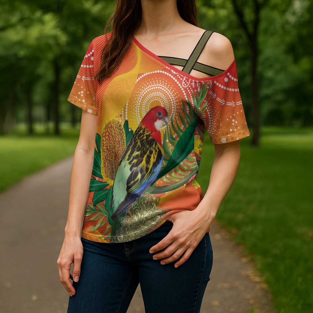 Eastern Rosella Australia Cross Shoulder Shirt Banksia Aboriginal Art - Aussie Hoodie