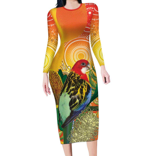 Eastern Rosella Australia Family Matching Long Sleeve Bodycon Dress and Hawaiian Shirt Banksia Aboriginal Art - Aussie Hoodie