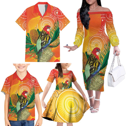 Eastern Rosella Australia Family Matching Off The Shoulder Long Sleeve Dress and Hawaiian Shirt Banksia Aboriginal Art - Aussie Hoodie