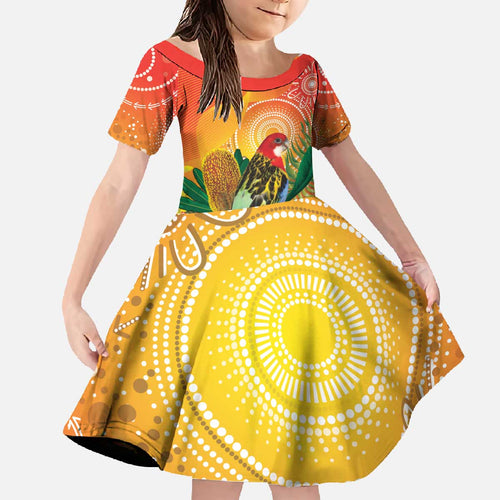 Eastern Rosella Australia Family Matching Off The Shoulder Long Sleeve Dress and Hawaiian Shirt Banksia Aboriginal Art - Aussie Hoodie