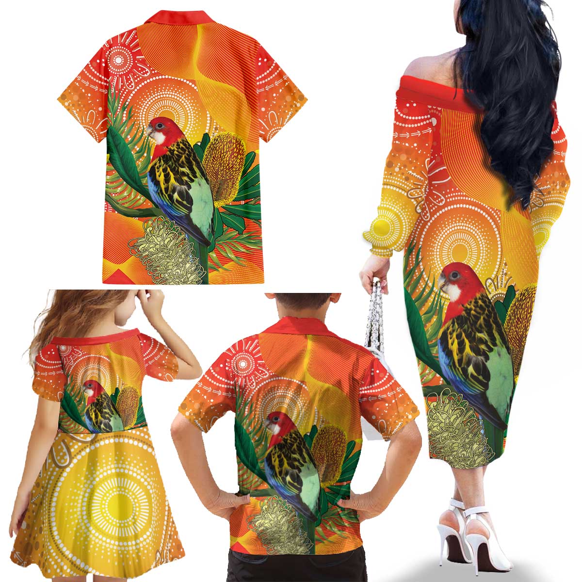 Eastern Rosella Australia Family Matching Off The Shoulder Long Sleeve Dress and Hawaiian Shirt Banksia Aboriginal Art - Aussie Hoodie
