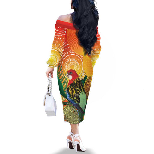 Eastern Rosella Australia Family Matching Off The Shoulder Long Sleeve Dress and Hawaiian Shirt Banksia Aboriginal Art - Aussie Hoodie