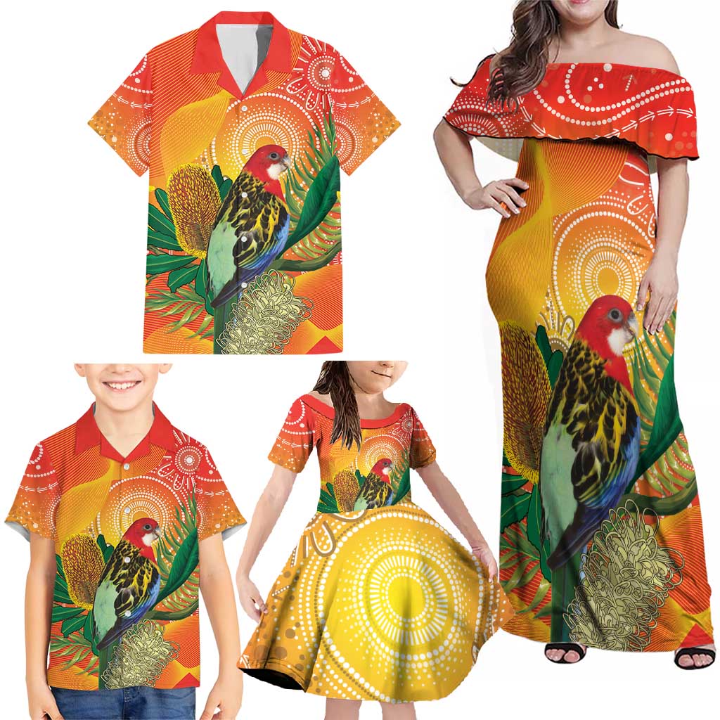 Eastern Rosella Australia Family Matching Off Shoulder Maxi Dress and Hawaiian Shirt Banksia Aboriginal Art - Aussie Hoodie