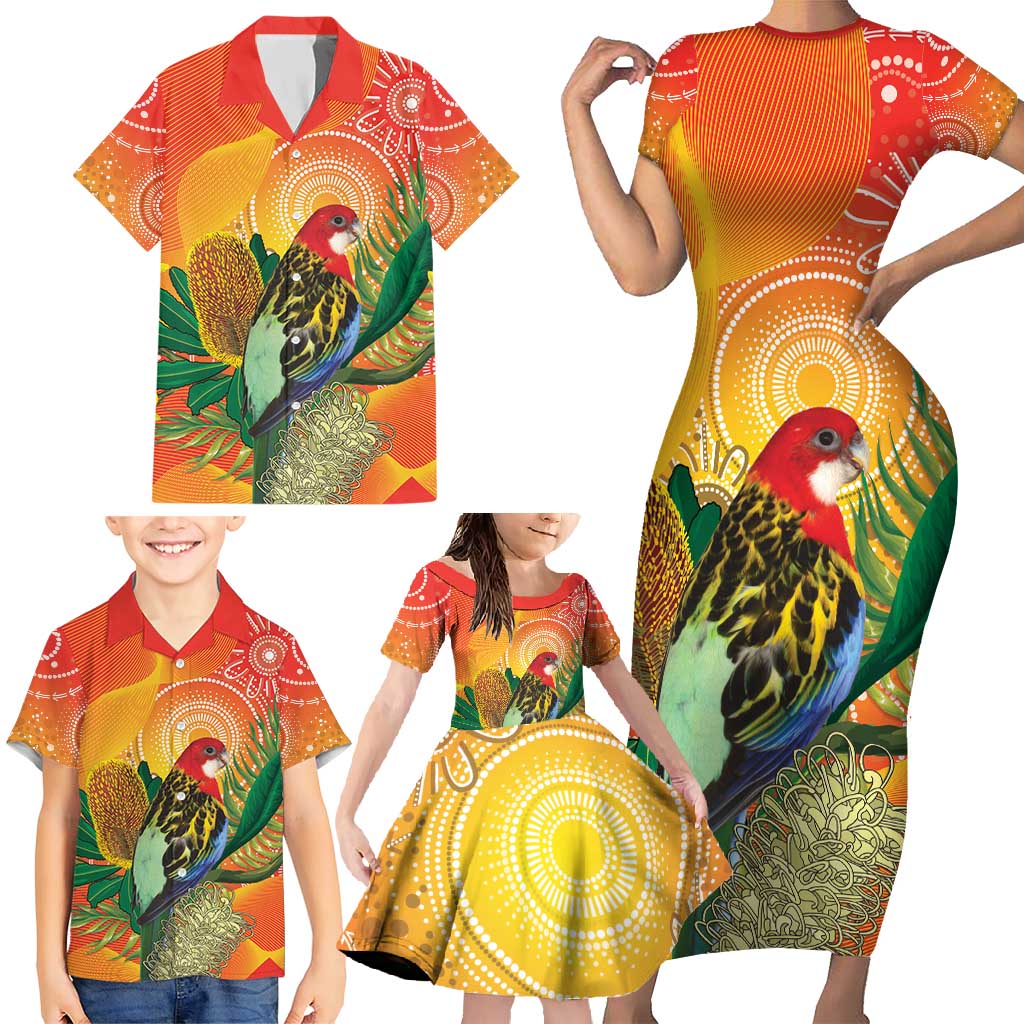 Eastern Rosella Australia Family Matching Short Sleeve Bodycon Dress and Hawaiian Shirt Banksia Aboriginal Art - Aussie Hoodie