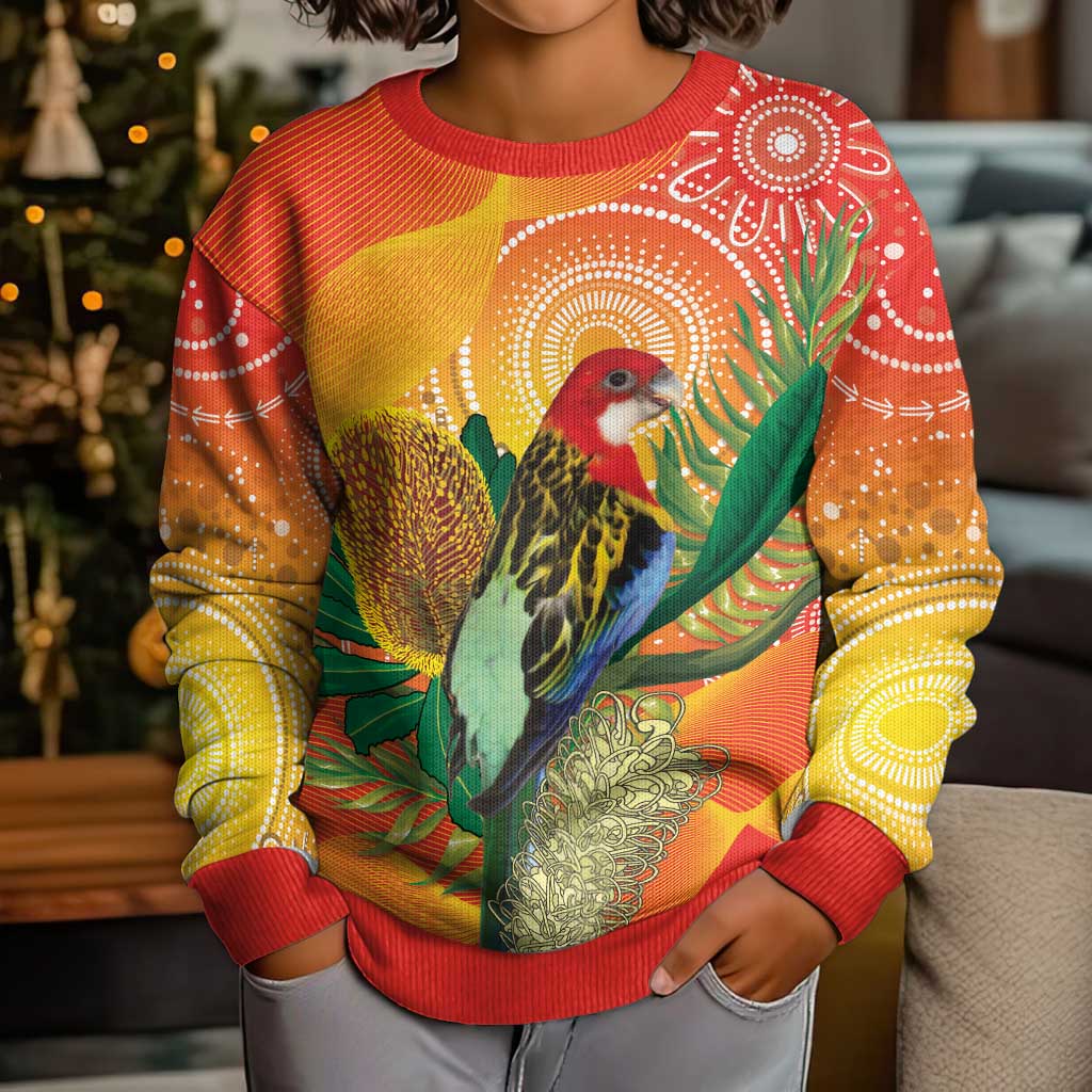 Eastern Rosella Australia Kid Ugly Christmas Sweater Banksia Aboriginal Art - Aussie Hoodie