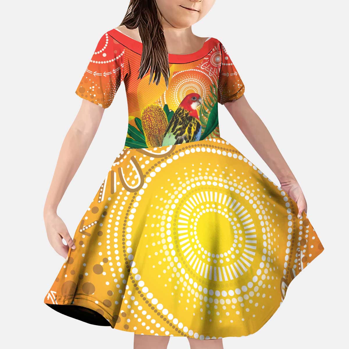 Eastern Rosella Australia Kid Short Sleeve Dress Banksia Aboriginal Art - Aussie Hoodie