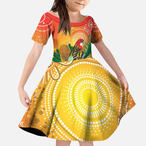 Eastern Rosella Australia Kid Short Sleeve Dress Banksia Aboriginal Art - Aussie Hoodie
