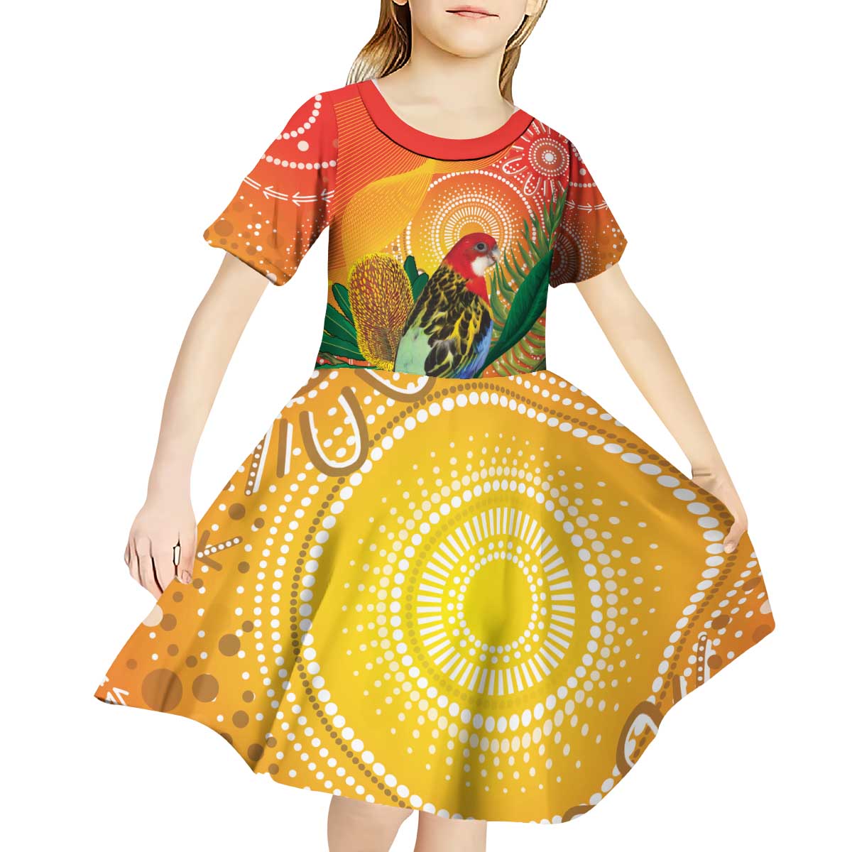 Eastern Rosella Australia Kid Short Sleeve Dress Banksia Aboriginal Art - Aussie Hoodie
