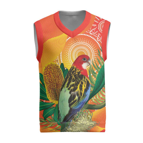 Eastern Rosella Australia Christmas Knitted V-Neck Vest Banksia Aboriginal Art - Aussie Hoodie