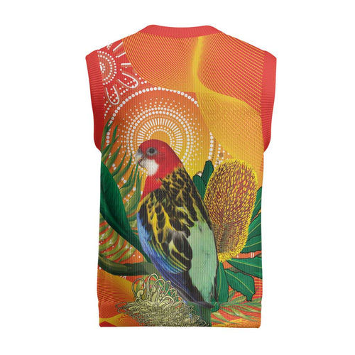 Eastern Rosella Australia Christmas Knitted V-Neck Vest Banksia Aboriginal Art - Aussie Hoodie
