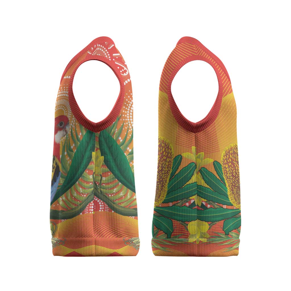 Eastern Rosella Australia Christmas Knitted V-Neck Vest Banksia Aboriginal Art - Aussie Hoodie