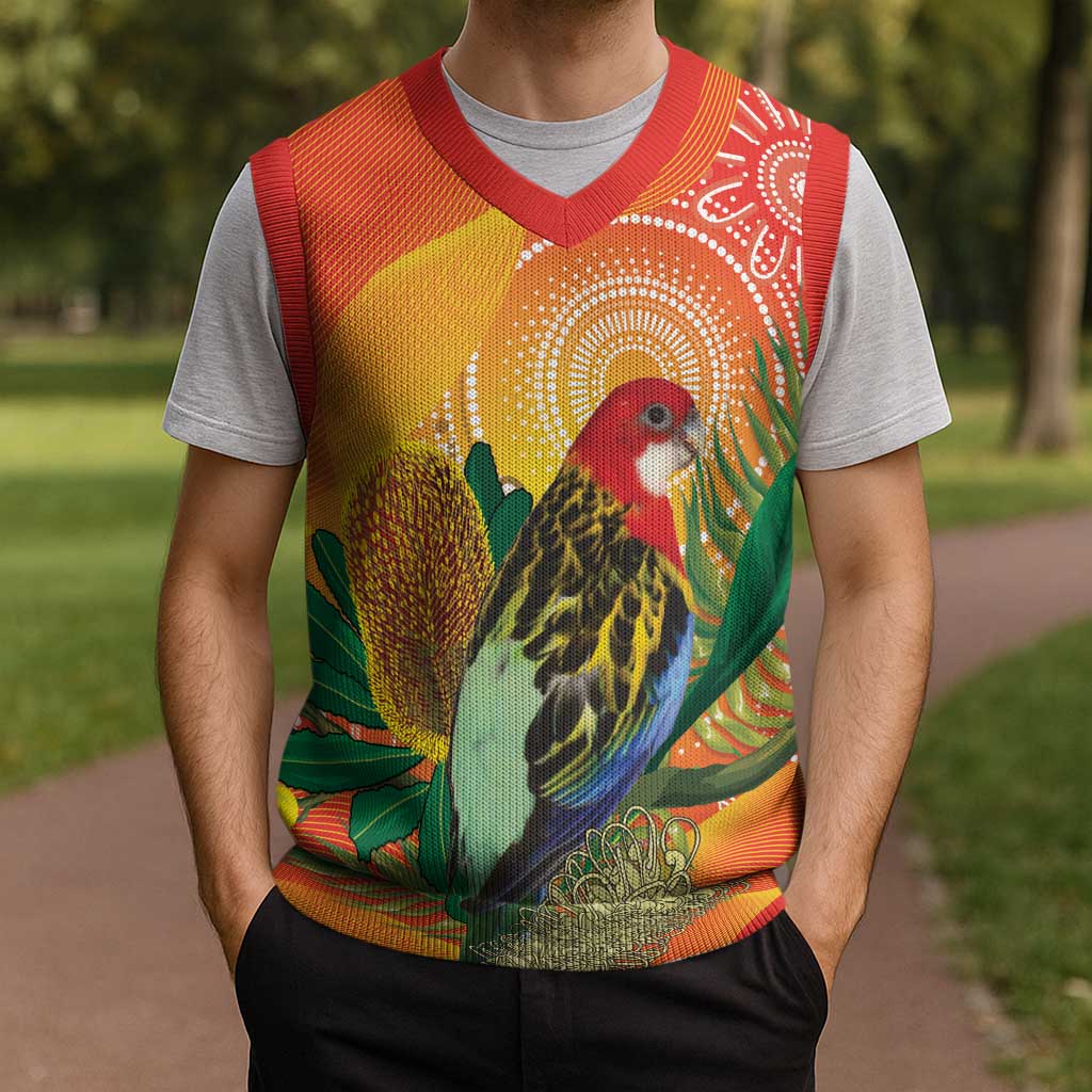 Eastern Rosella Australia Christmas Knitted V-Neck Vest Banksia Aboriginal Art - Aussie Hoodie