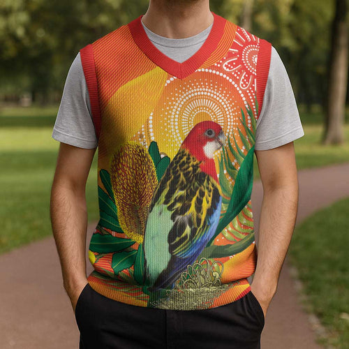 Eastern Rosella Australia Christmas Knitted V-Neck Vest Banksia Aboriginal Art - Aussie Hoodie