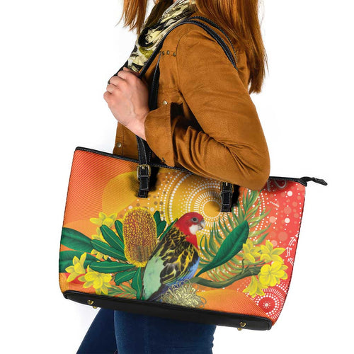 Eastern Rosella Australia Leather Tote Bag Banksia Aboriginal Art - Aussie Hoodie