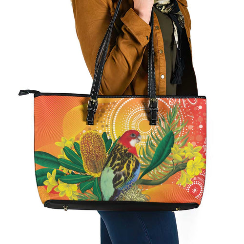 Eastern Rosella Australia Leather Tote Bag Banksia Aboriginal Art - Aussie Hoodie