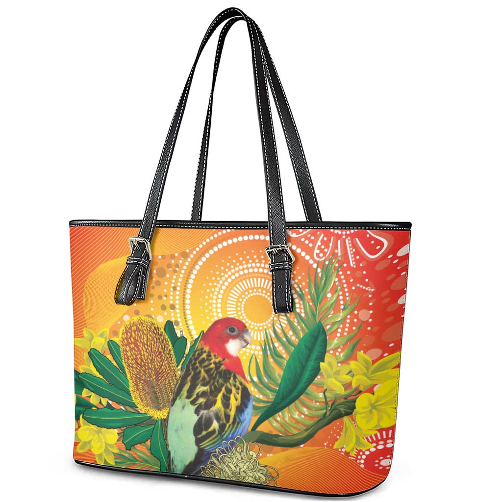 Eastern Rosella Australia Leather Tote Bag Banksia Aboriginal Art - Aussie Hoodie