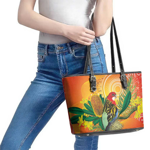 Eastern Rosella Australia Leather Tote Bag Banksia Aboriginal Art - Aussie Hoodie