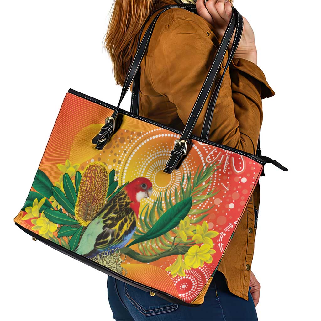 Eastern Rosella Australia Leather Tote Bag Banksia Aboriginal Art - Aussie Hoodie
