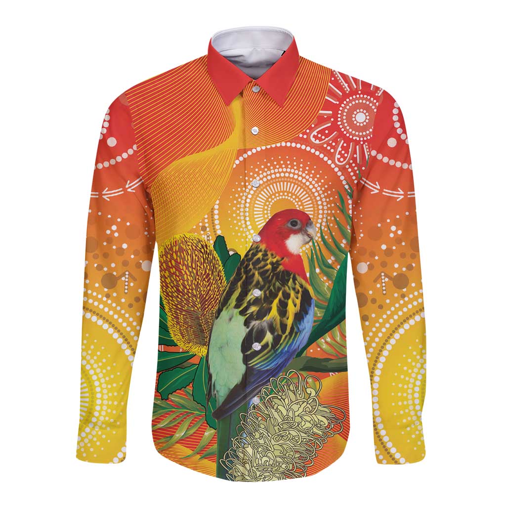 Eastern Rosella Australia Long Sleeve Button Shirt Banksia Aboriginal Art - Aussie Hoodie
