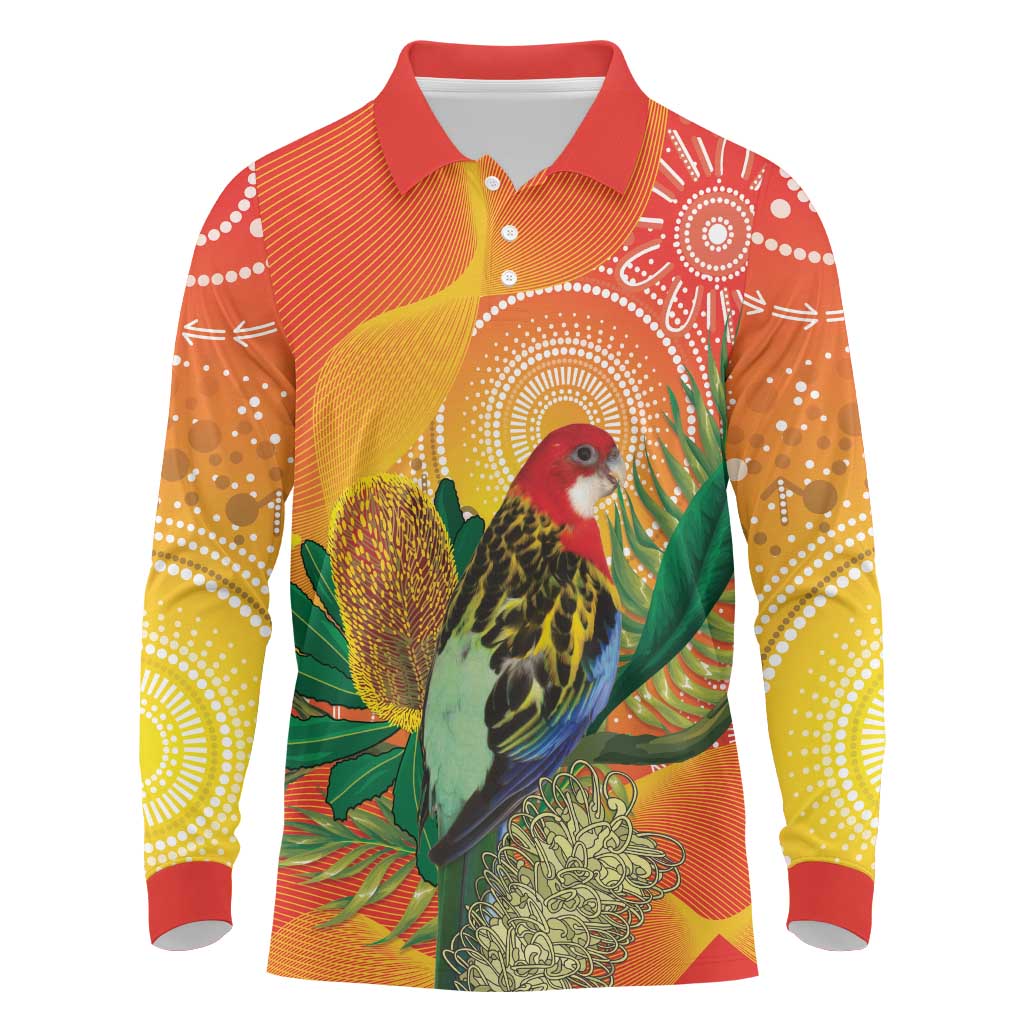 Eastern Rosella Australia Long Sleeve Polo Shirt Banksia Aboriginal Art - Aussie Hoodie
