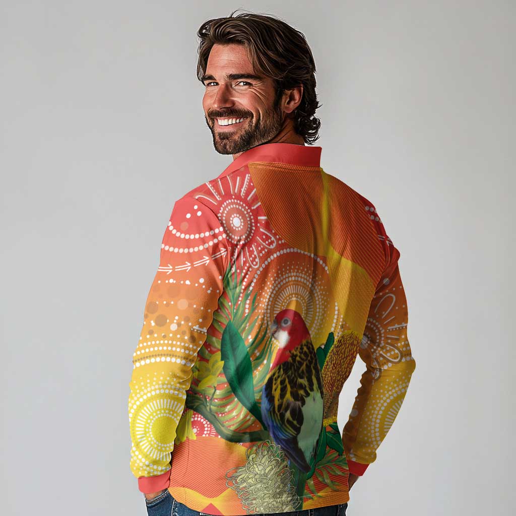 Eastern Rosella Australia Long Sleeve Polo Shirt Banksia Aboriginal Art - Aussie Hoodie