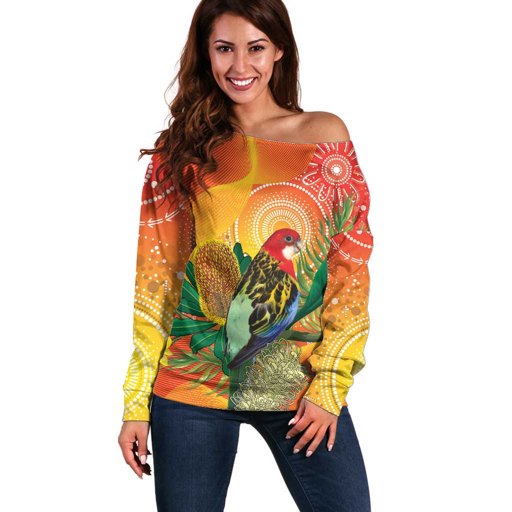 Eastern Rosella Australia Off Shoulder Sweater Banksia Aboriginal Art - Aussie Hoodie