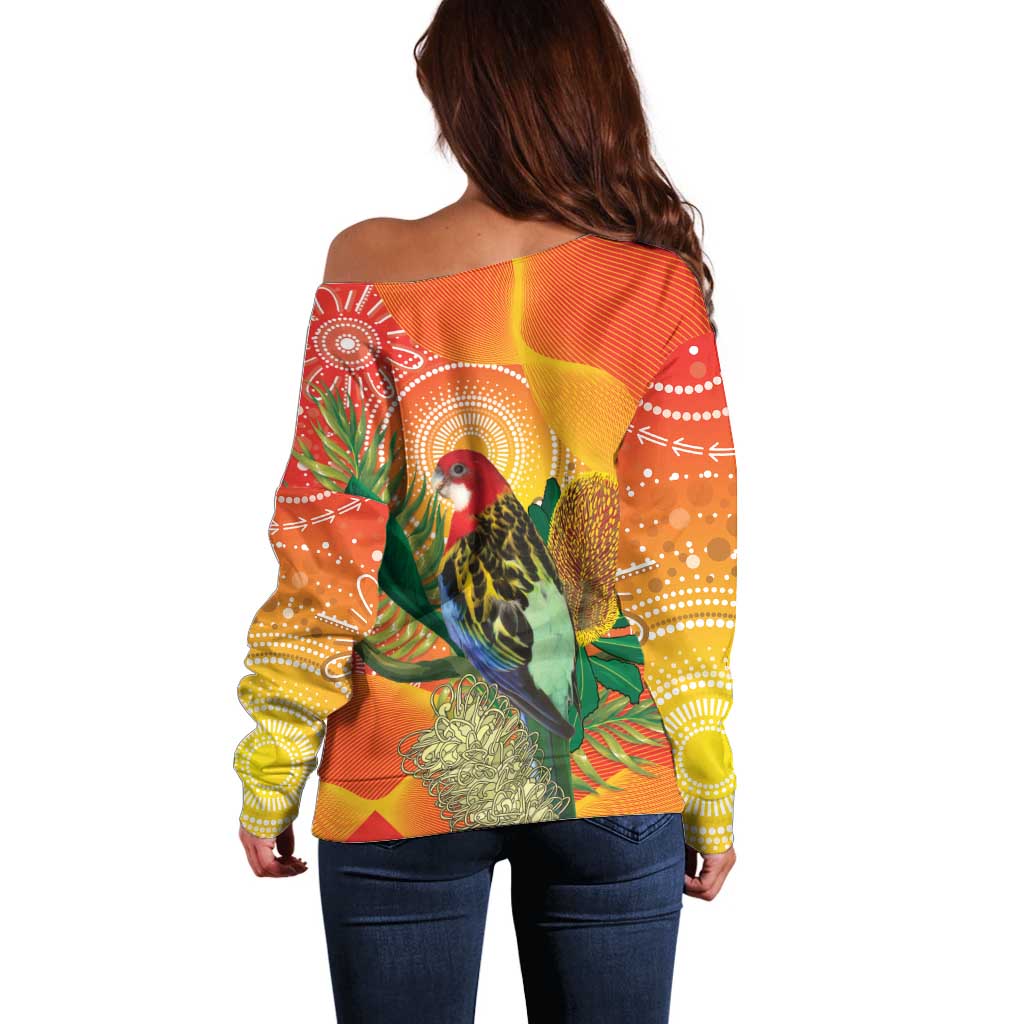 Eastern Rosella Australia Off Shoulder Sweater Banksia Aboriginal Art - Aussie Hoodie