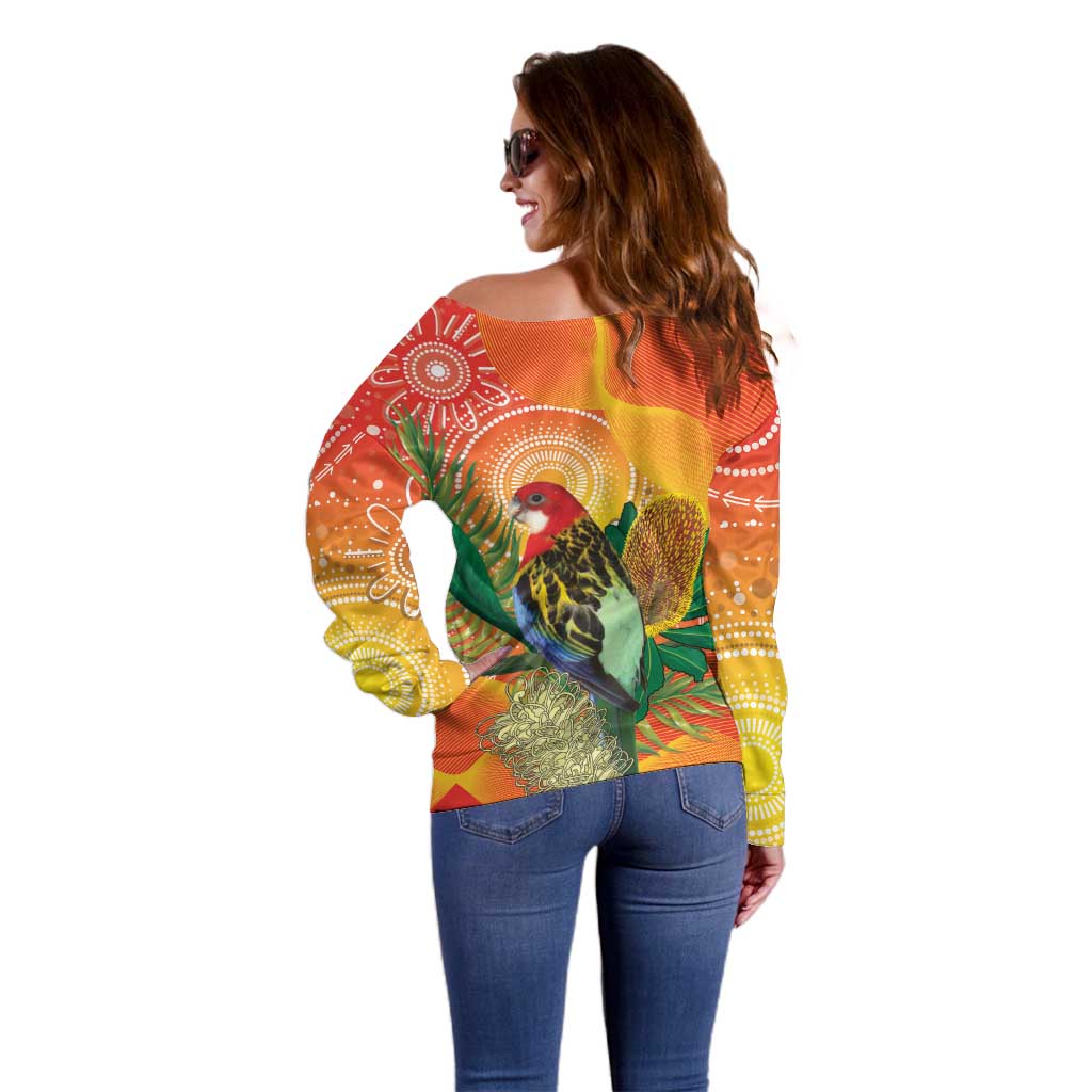 Eastern Rosella Australia Off Shoulder Sweater Banksia Aboriginal Art - Aussie Hoodie