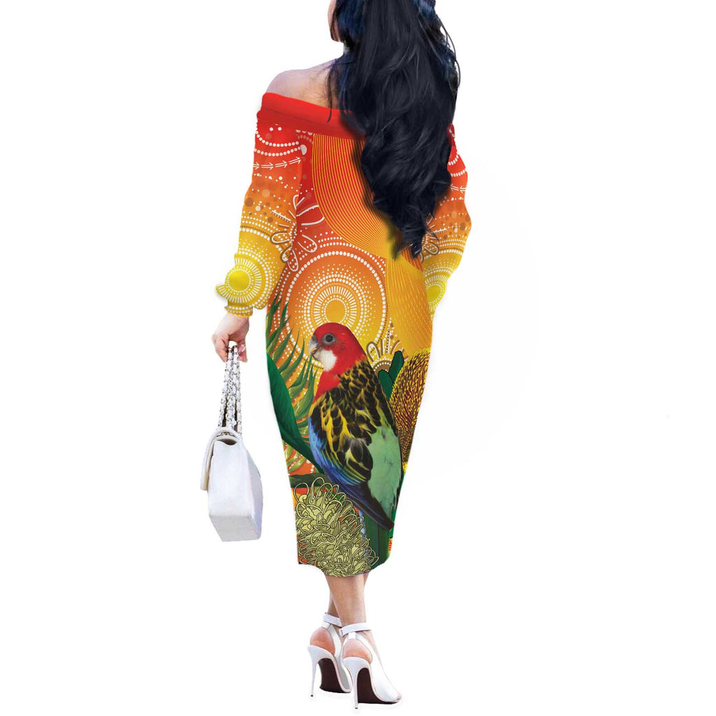 Eastern Rosella Australia Off The Shoulder Long Sleeve Dress Banksia Aboriginal Art - Aussie Hoodie