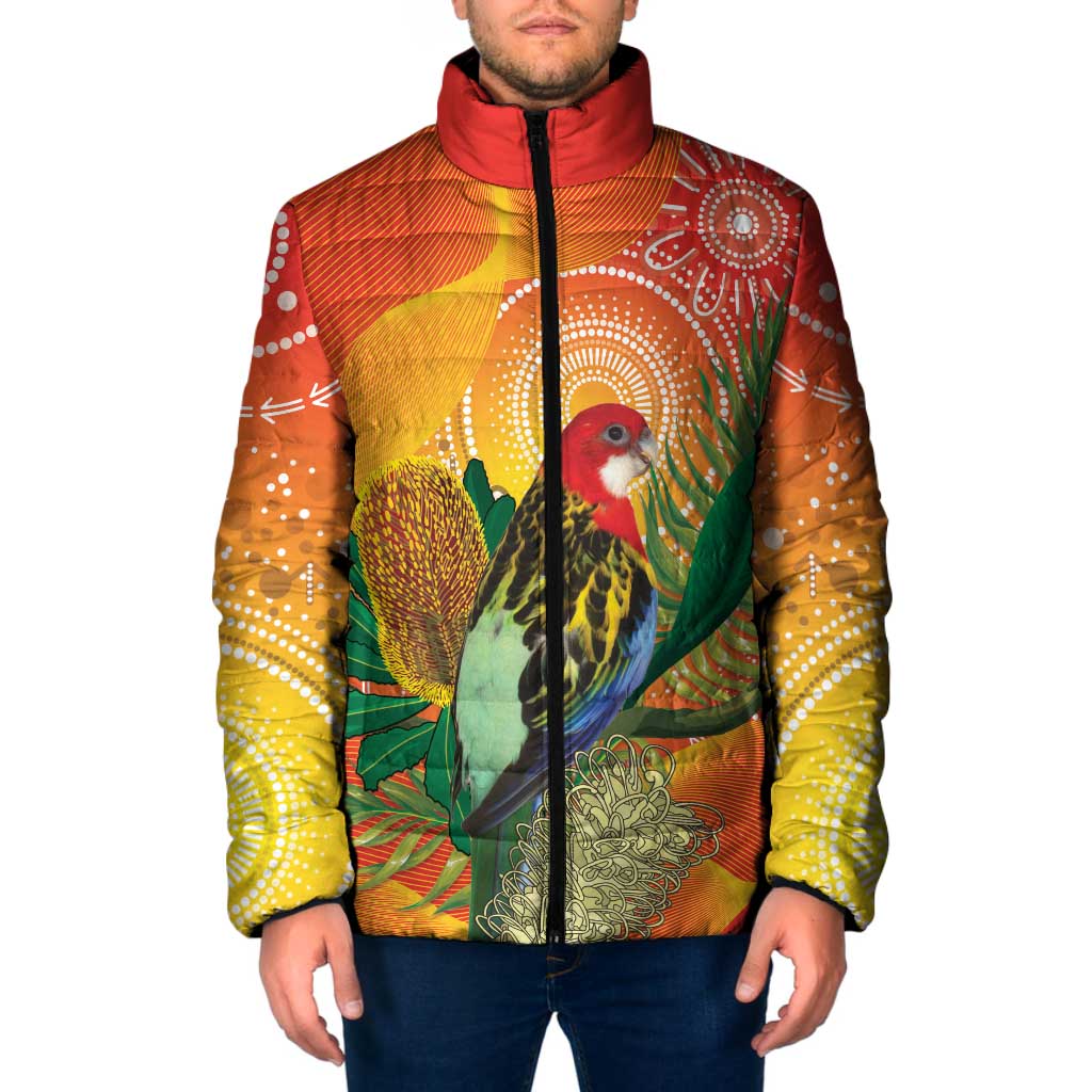 Eastern Rosella Australia Padded Jacket Banksia Aboriginal Art - Aussie Hoodie