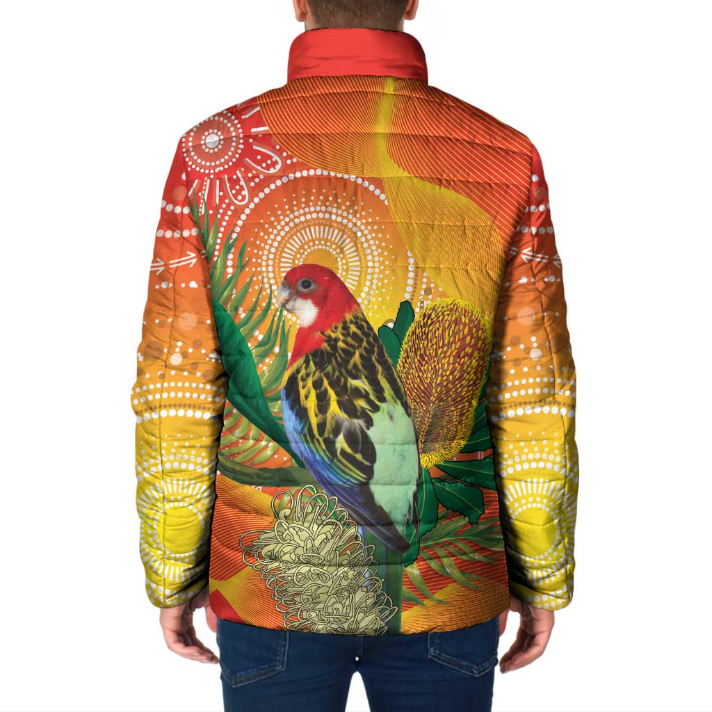 Eastern Rosella Australia Padded Jacket Banksia Aboriginal Art - Aussie Hoodie