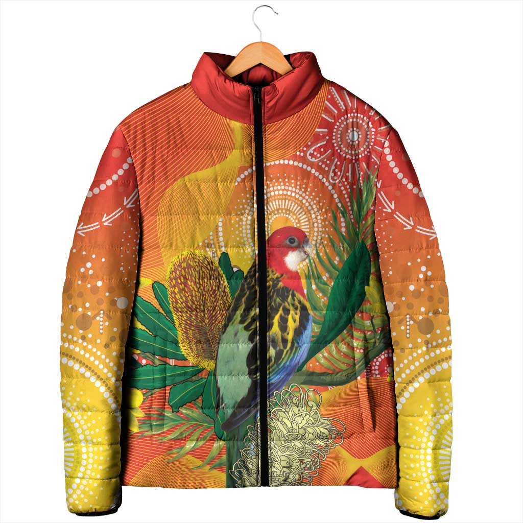 Eastern Rosella Australia Padded Jacket Banksia Aboriginal Art - Aussie Hoodie