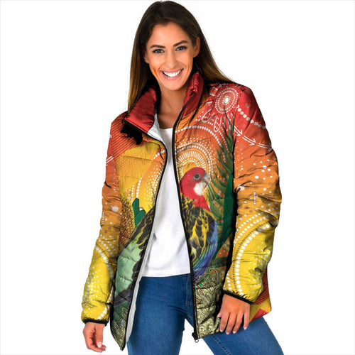 Eastern Rosella Australia Padded Jacket Banksia Aboriginal Art - Aussie Hoodie