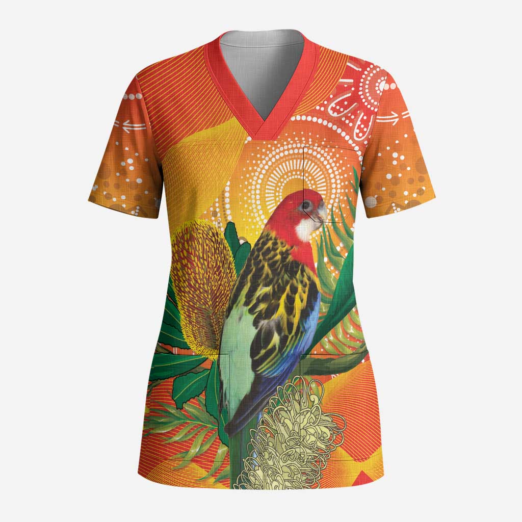 Eastern Rosella Australia Scrub Top Banksia Aboriginal Art - Aussie Hoodie