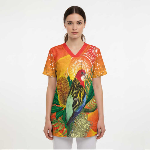 Eastern Rosella Australia Scrub Top Banksia Aboriginal Art - Aussie Hoodie
