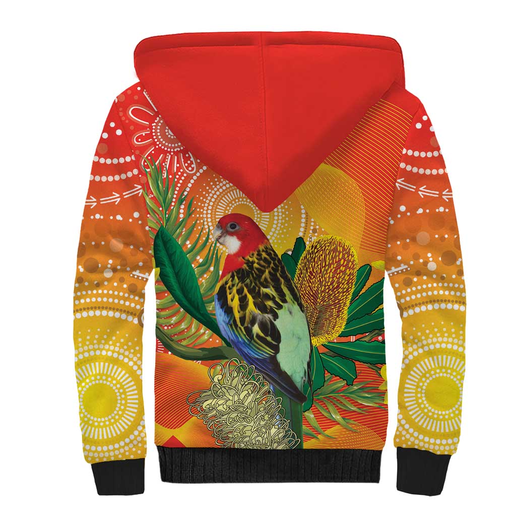 Eastern Rosella Australia Sherpa Hoodie Banksia Aboriginal Art - Aussie Hoodie