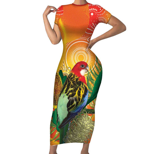 Eastern Rosella Australia Short Sleeve Bodycon Dress Banksia Aboriginal Art - Aussie Hoodie