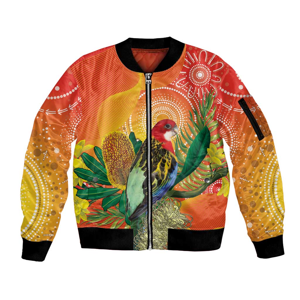 Eastern Rosella Australia Sleeve Zip Bomber Jacket Banksia Aboriginal Art - Aussie Hoodie