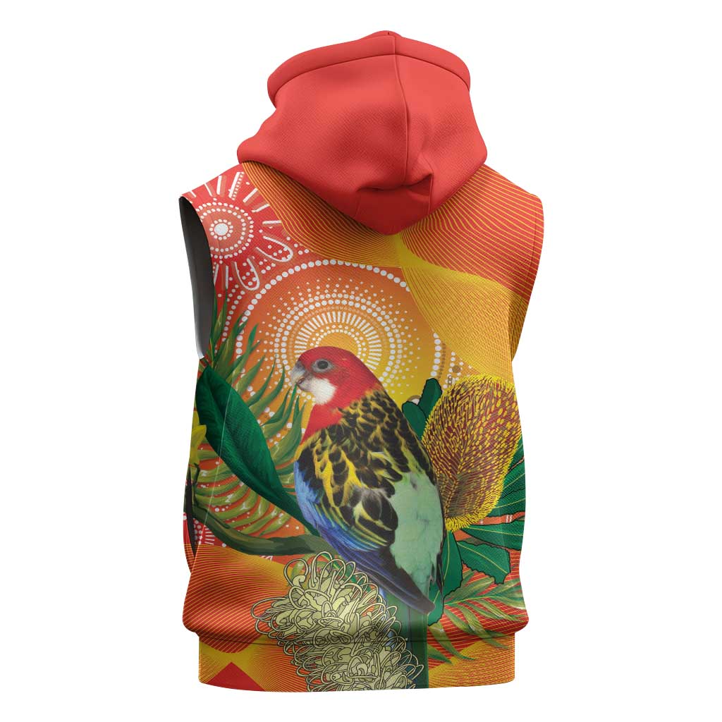 Eastern Rosella Australia Sleeveless Hoodie Banksia Aboriginal Art - Aussie Hoodie