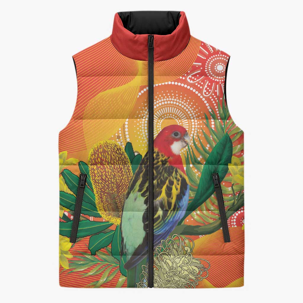 Eastern Rosella Australia Sleeveless Puffer Jacket Banksia Aboriginal Art - Aussie Hoodie
