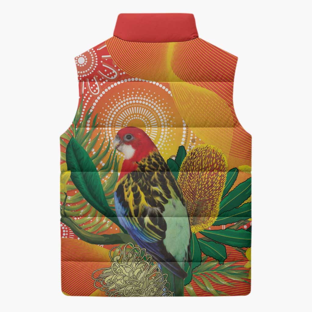 Eastern Rosella Australia Sleeveless Puffer Jacket Banksia Aboriginal Art - Aussie Hoodie