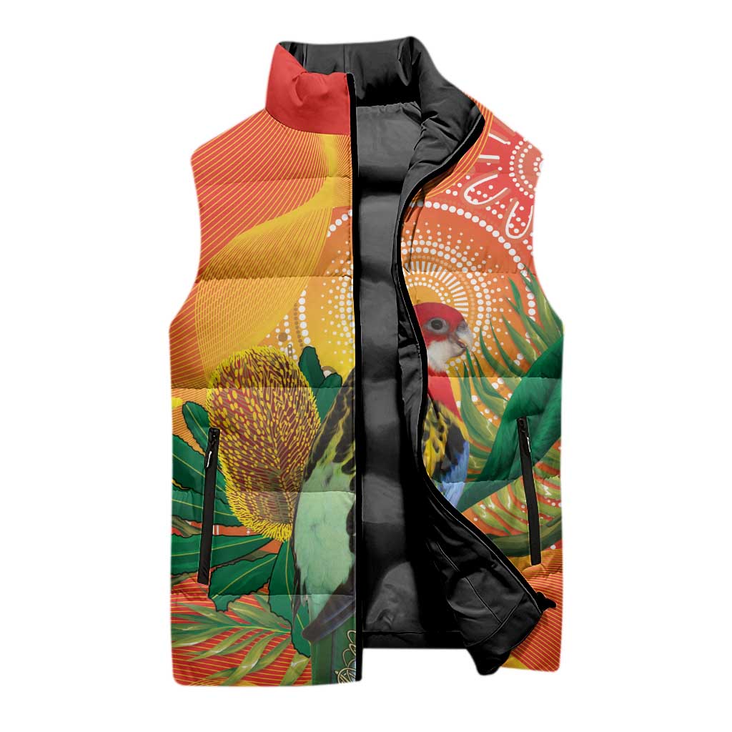 Eastern Rosella Australia Sleeveless Puffer Jacket Banksia Aboriginal Art - Aussie Hoodie