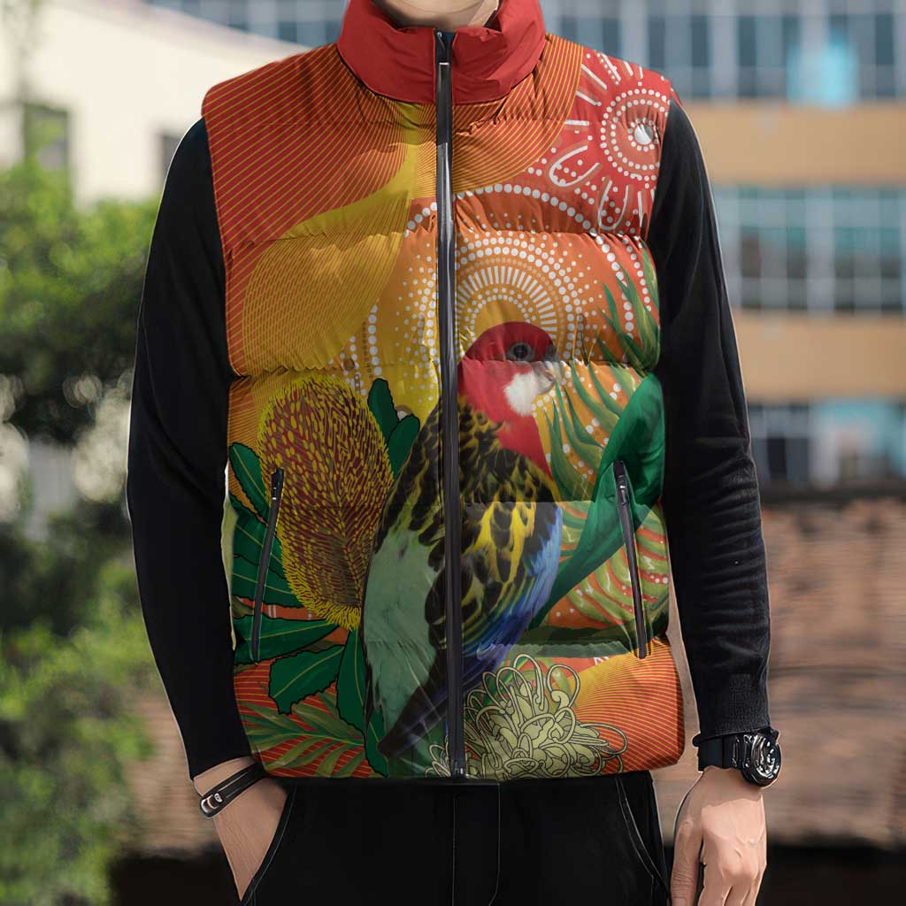 Eastern Rosella Australia Sleeveless Puffer Jacket Banksia Aboriginal Art - Aussie Hoodie