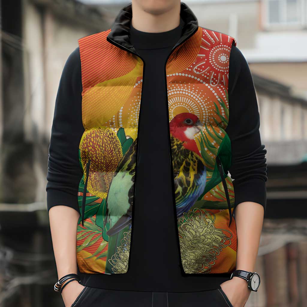 Eastern Rosella Australia Sleeveless Puffer Jacket Banksia Aboriginal Art - Aussie Hoodie