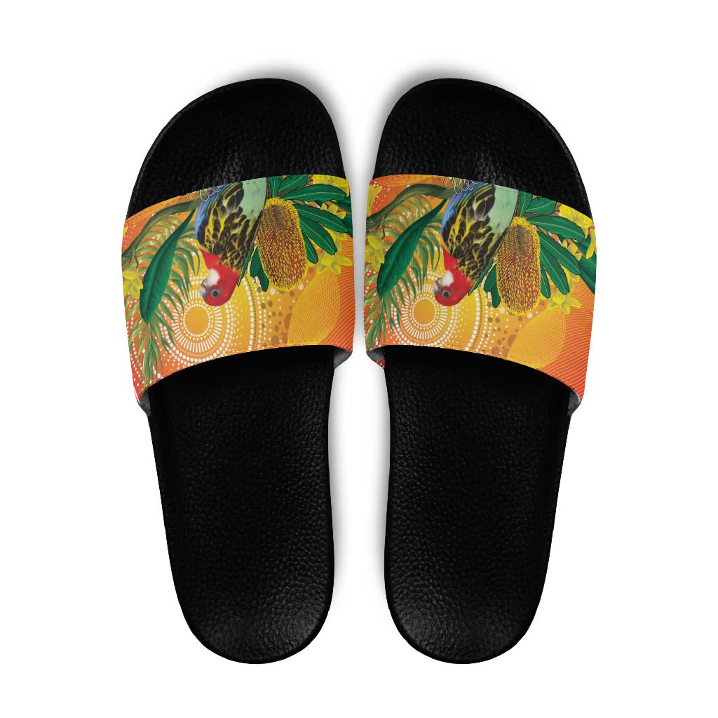 Eastern Rosella Australia Slide Sandals Banksia Aboriginal Art - Aussie Hoodie