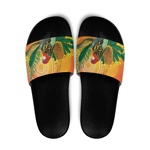 Eastern Rosella Australia Slide Sandals Banksia Aboriginal Art - Aussie Hoodie
