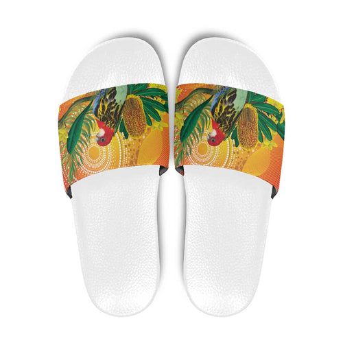 Eastern Rosella Australia Slide Sandals Banksia Aboriginal Art - Aussie Hoodie