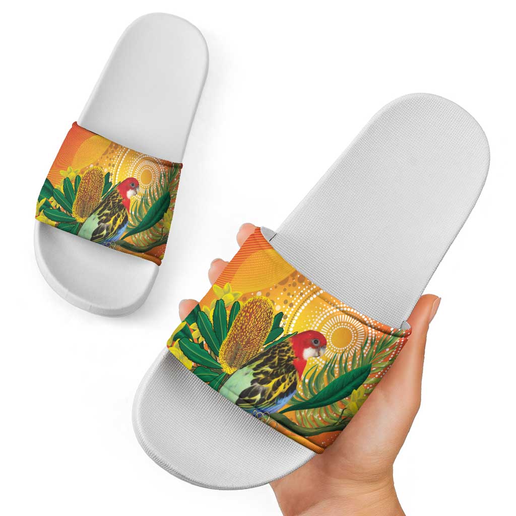 Eastern Rosella Australia Slide Sandals Banksia Aboriginal Art - Aussie Hoodie